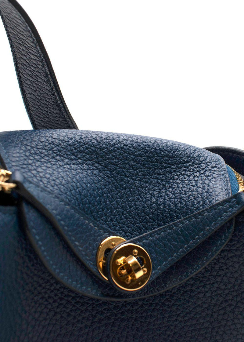 Hermes Taurillon Clemence Mini Lindy in Deep Bleu with Gold Hardware