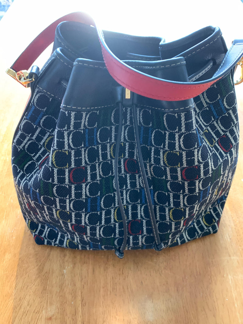 Carolina Herrera Navy Monogram Bucket Bag