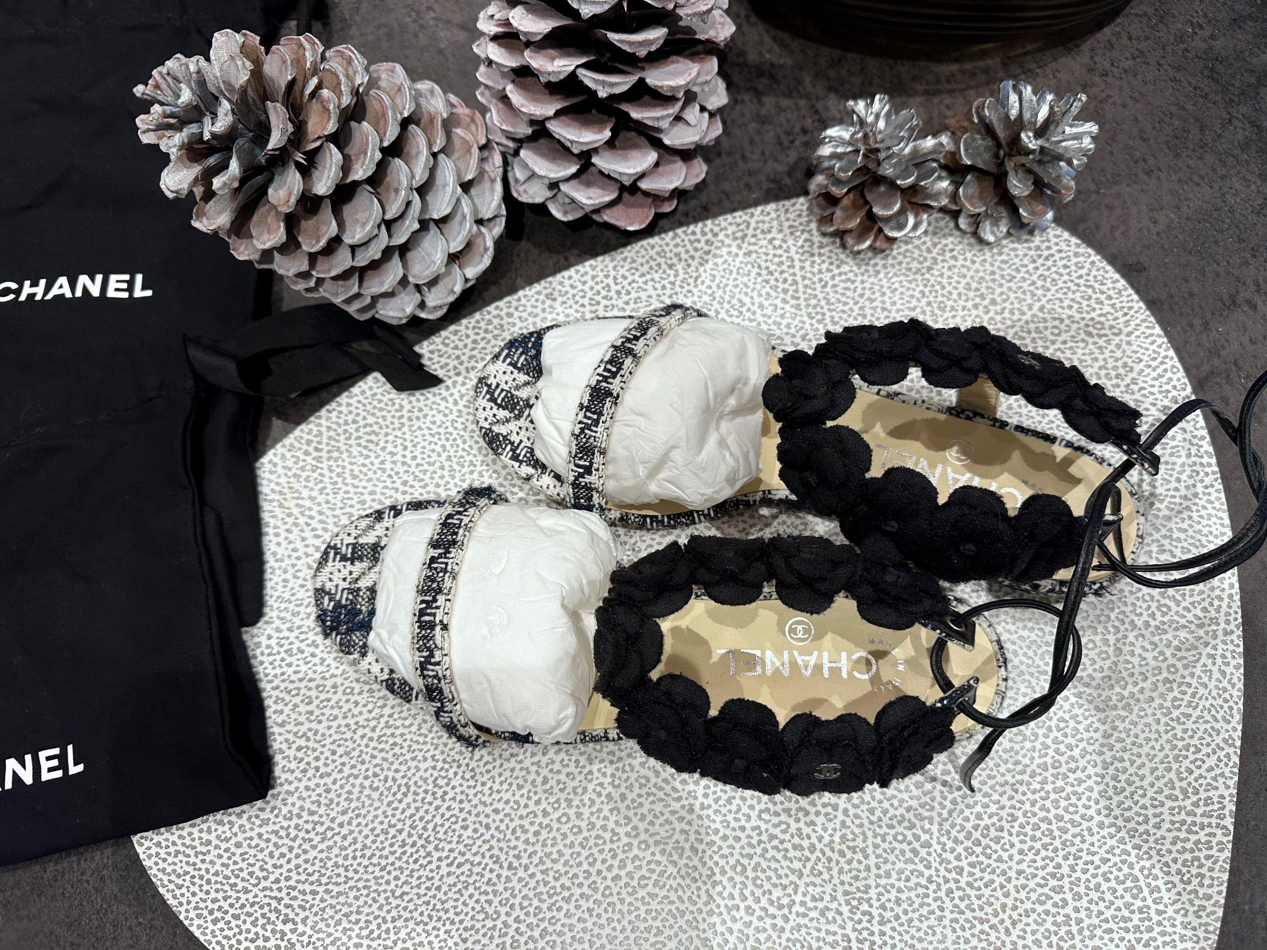 Chanel Black and White Tweed Camellia Embellished Sandals