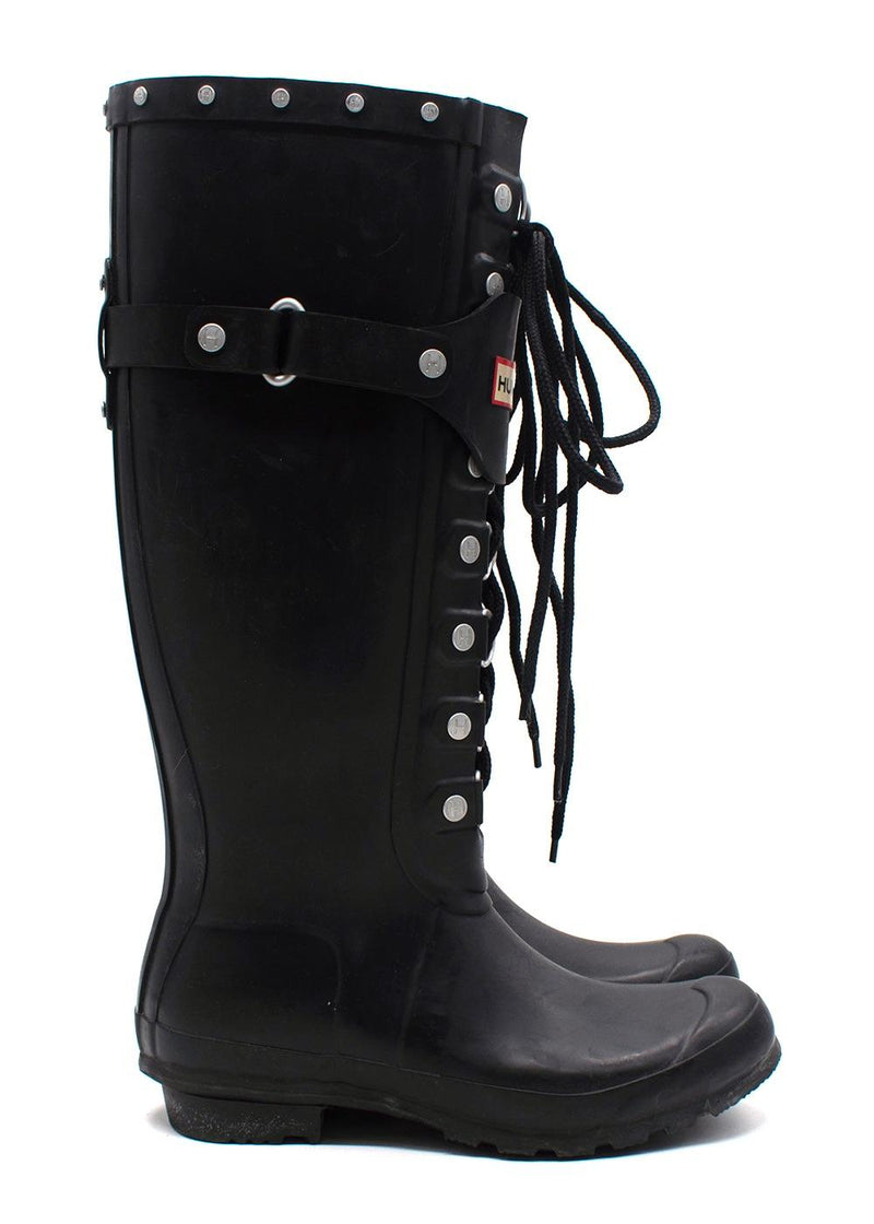 Hunter Black Lace Up Embellished Festival Wellington Boots