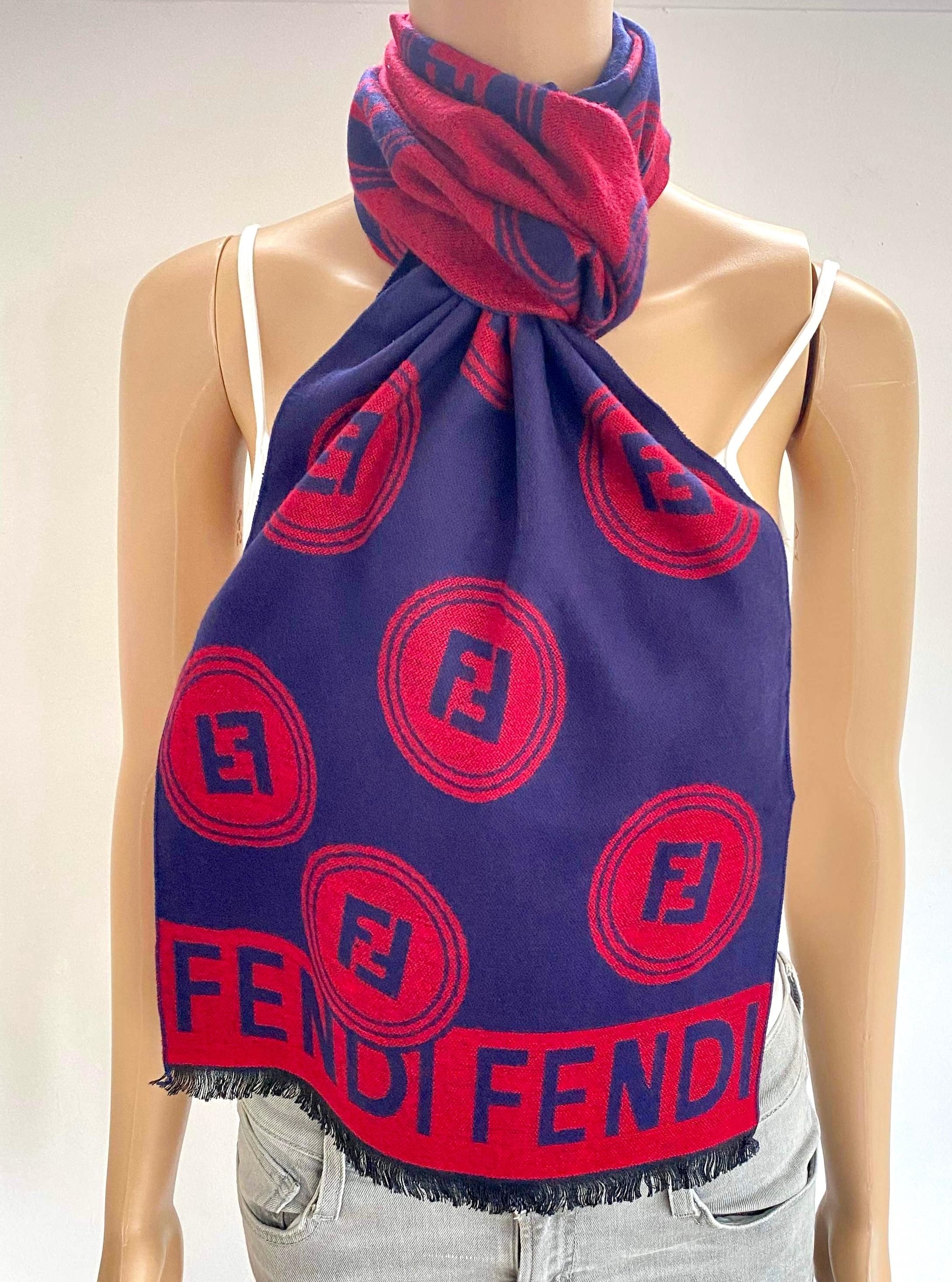 Fendi Navy and Red  Monogram Merino Wool Scarf