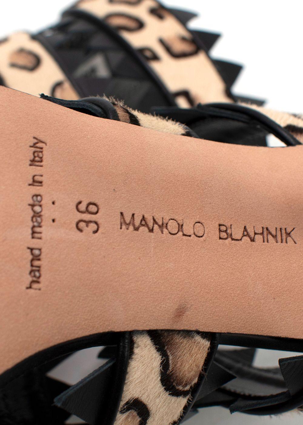 Manolo Blahnik Black Leopard Print Calf Hair Heeled Mules