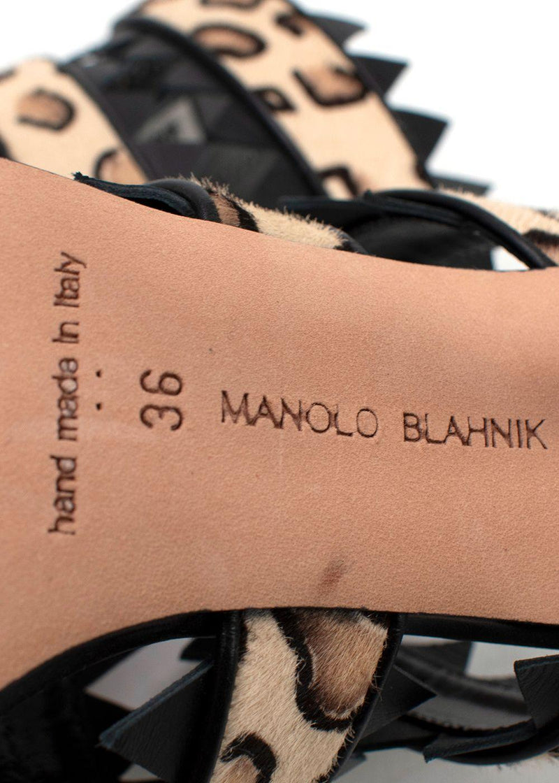 Manolo Blahnik Black Leopard Print Calf Hair Heeled Mules