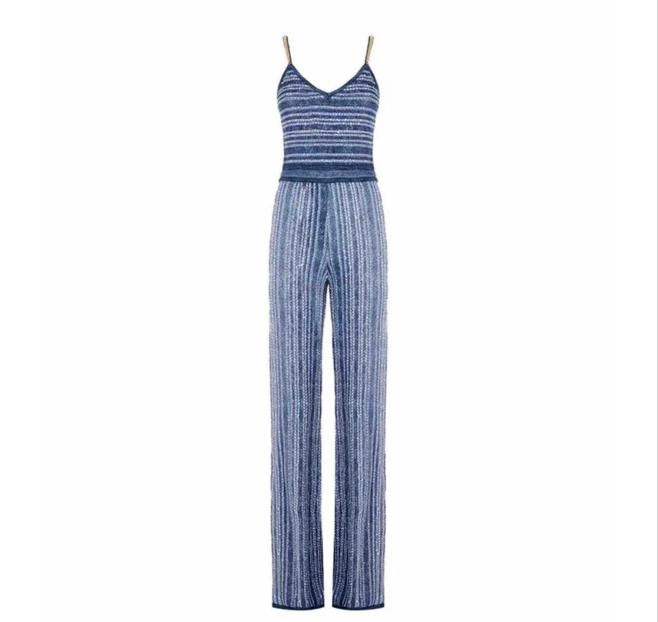 Blue Knit Jumpsuit With Chain Strap Detail