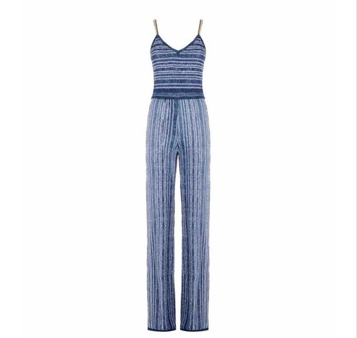 Blue Knit Jumpsuit With Chain Strap Detail