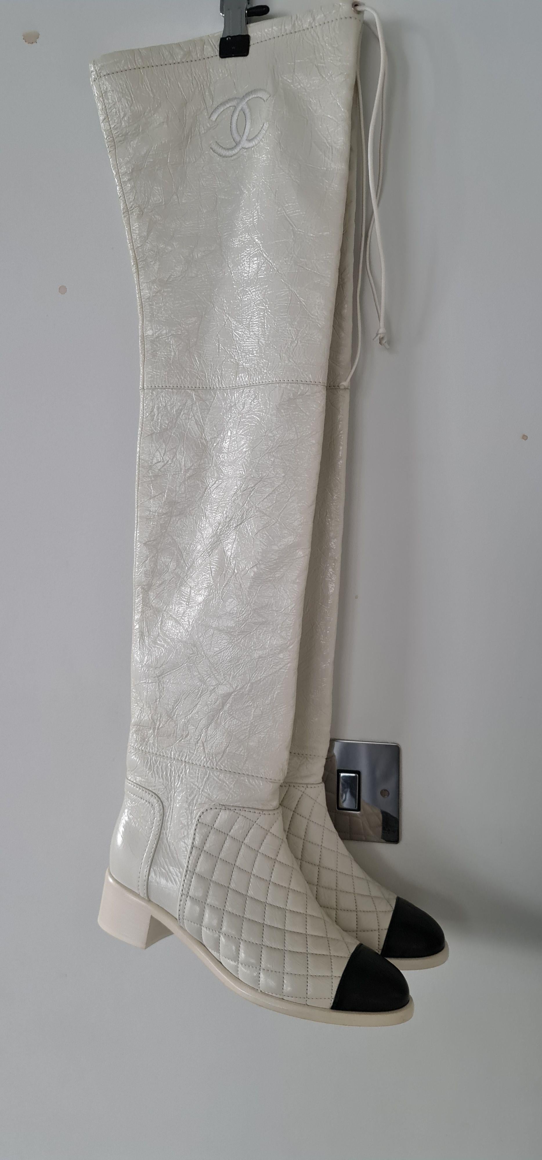Chanel White Knee High Leather Boots