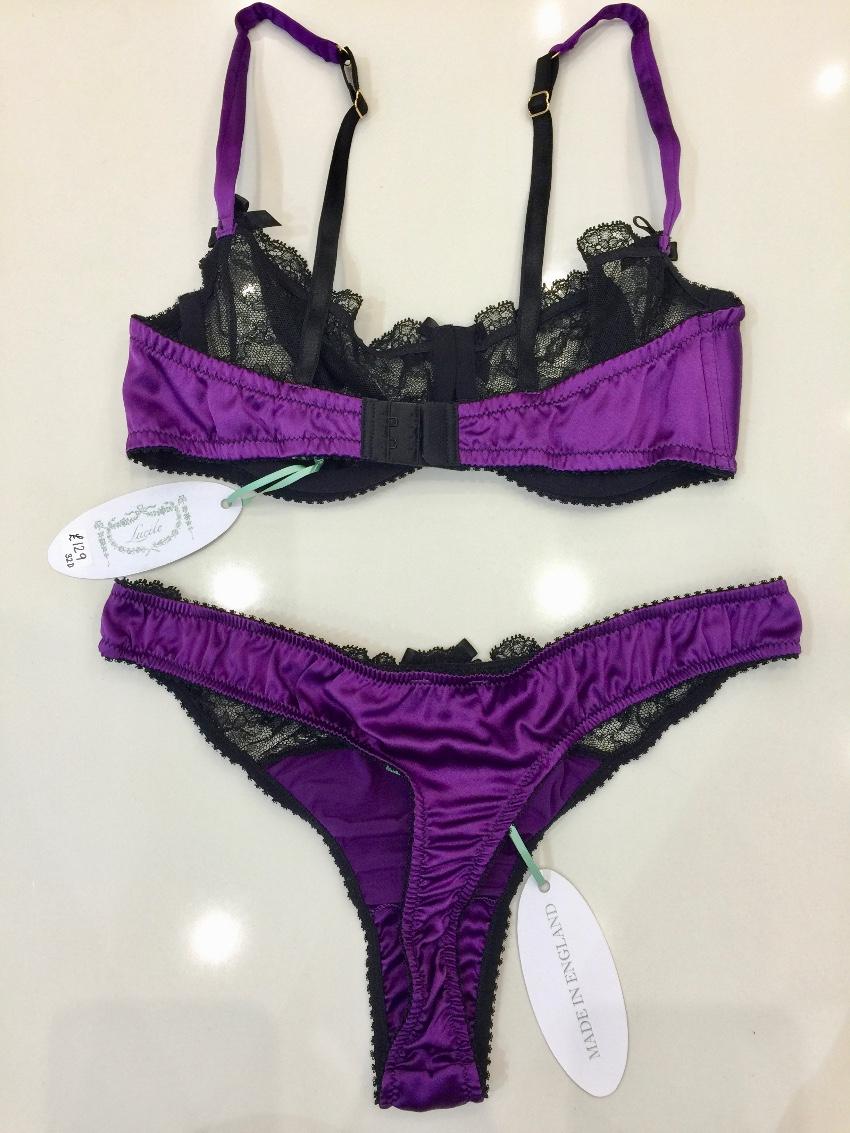 Lucile Purple Silk & Black Leavers Lace Underwired Bra & Thong Set