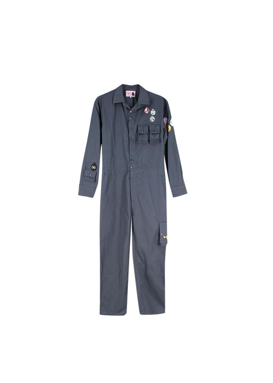 Blue-grey cotton twill printed boilersuit