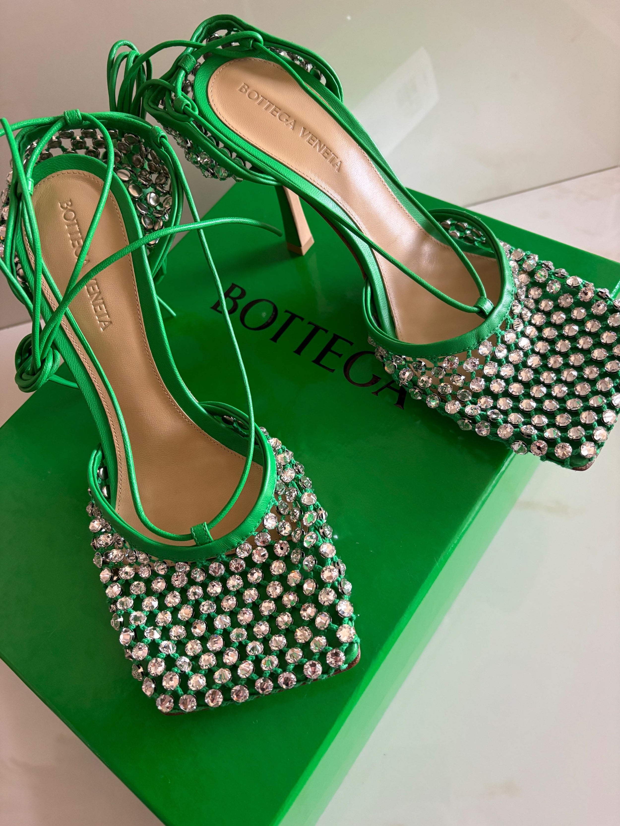 Bottega Veneta Green Sparkle Stretch Crystal Heels