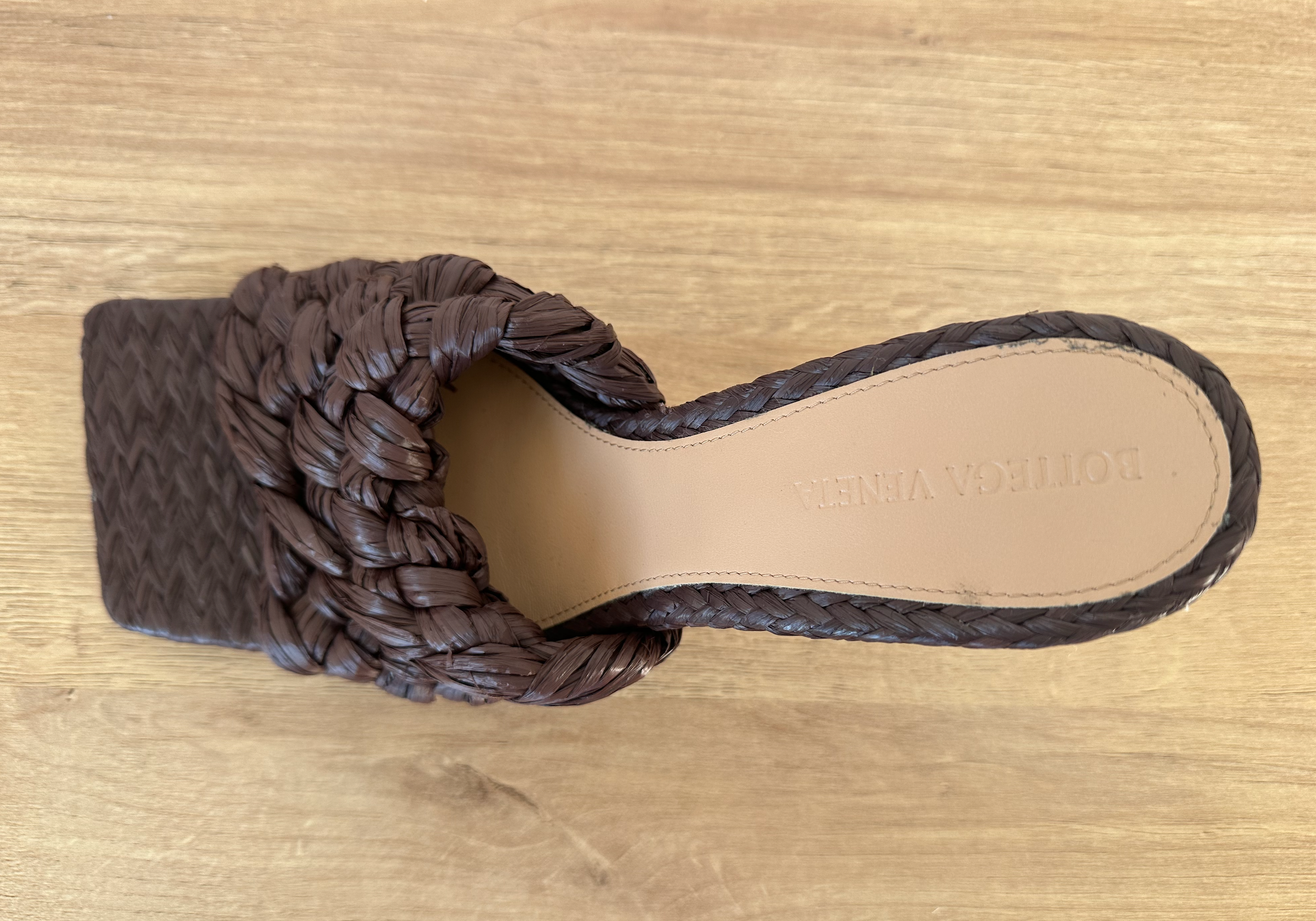 Brown Rafia Intrecciato Stretch Heeled Mules