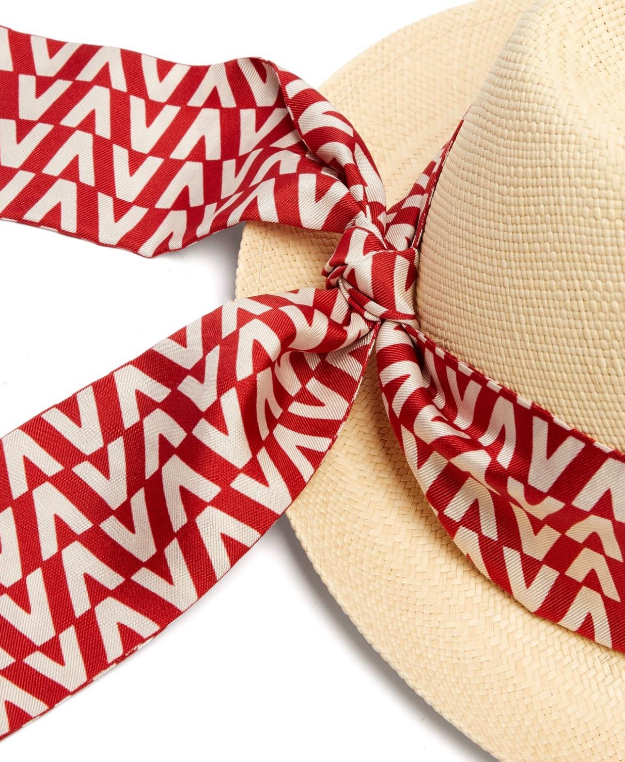 Logo Silk Scarf Wrapped Straw Hat