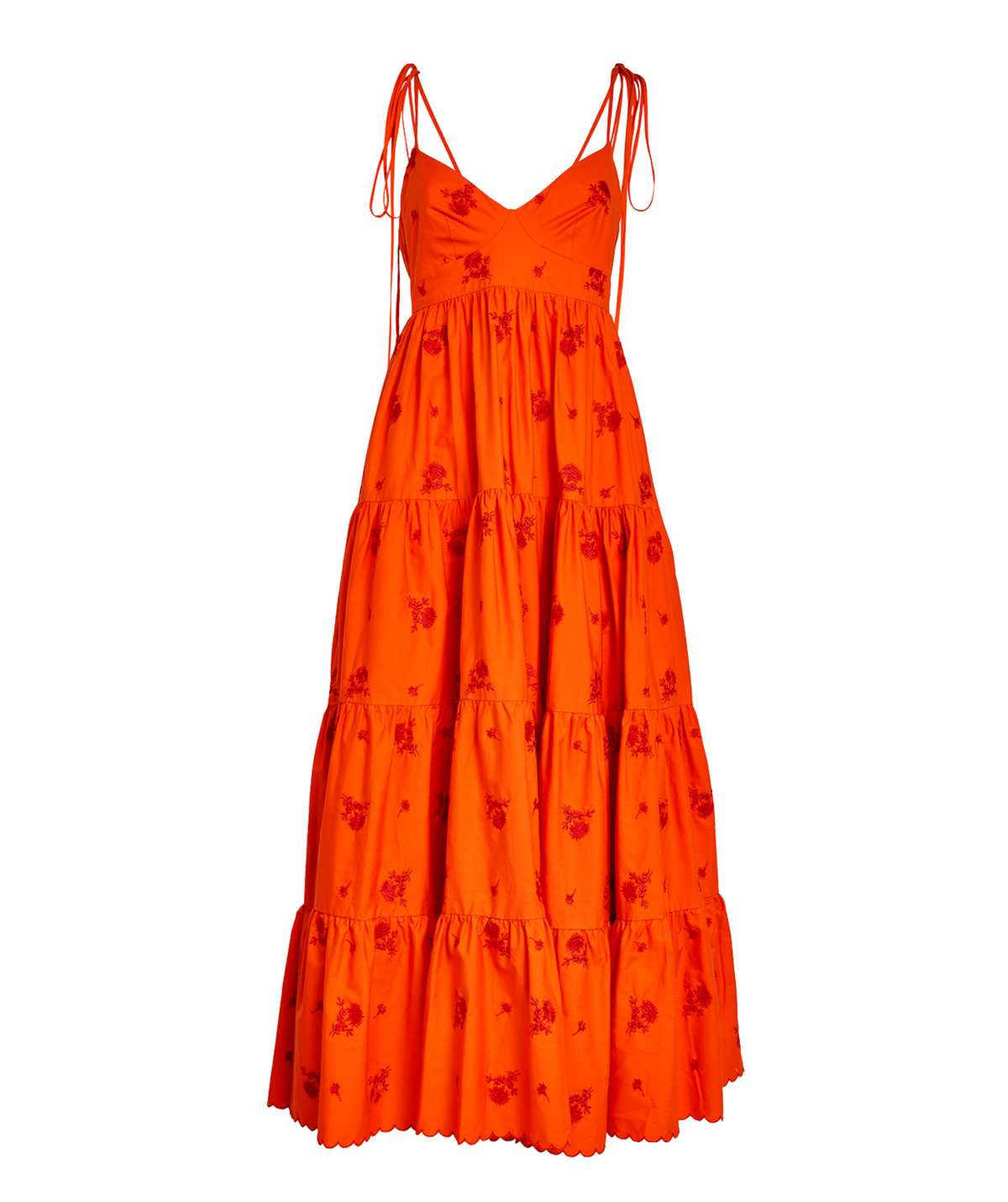 Floral Embroidered Tiered Cotton Poplin Midi Dress