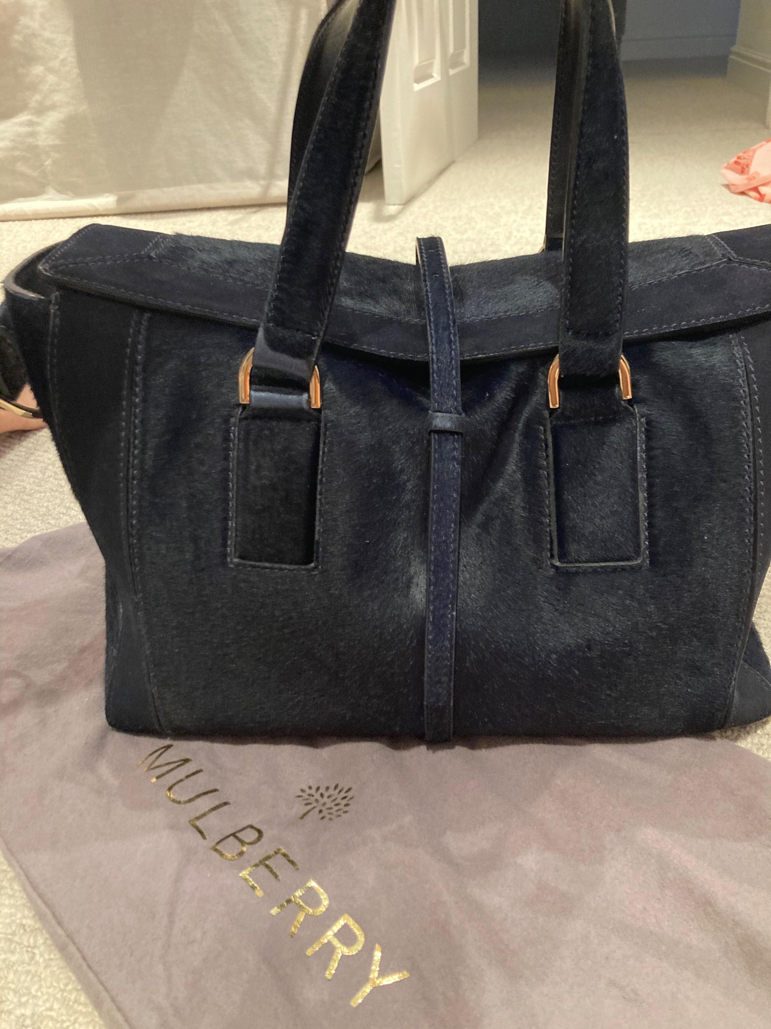 Navy calf hair tote bag