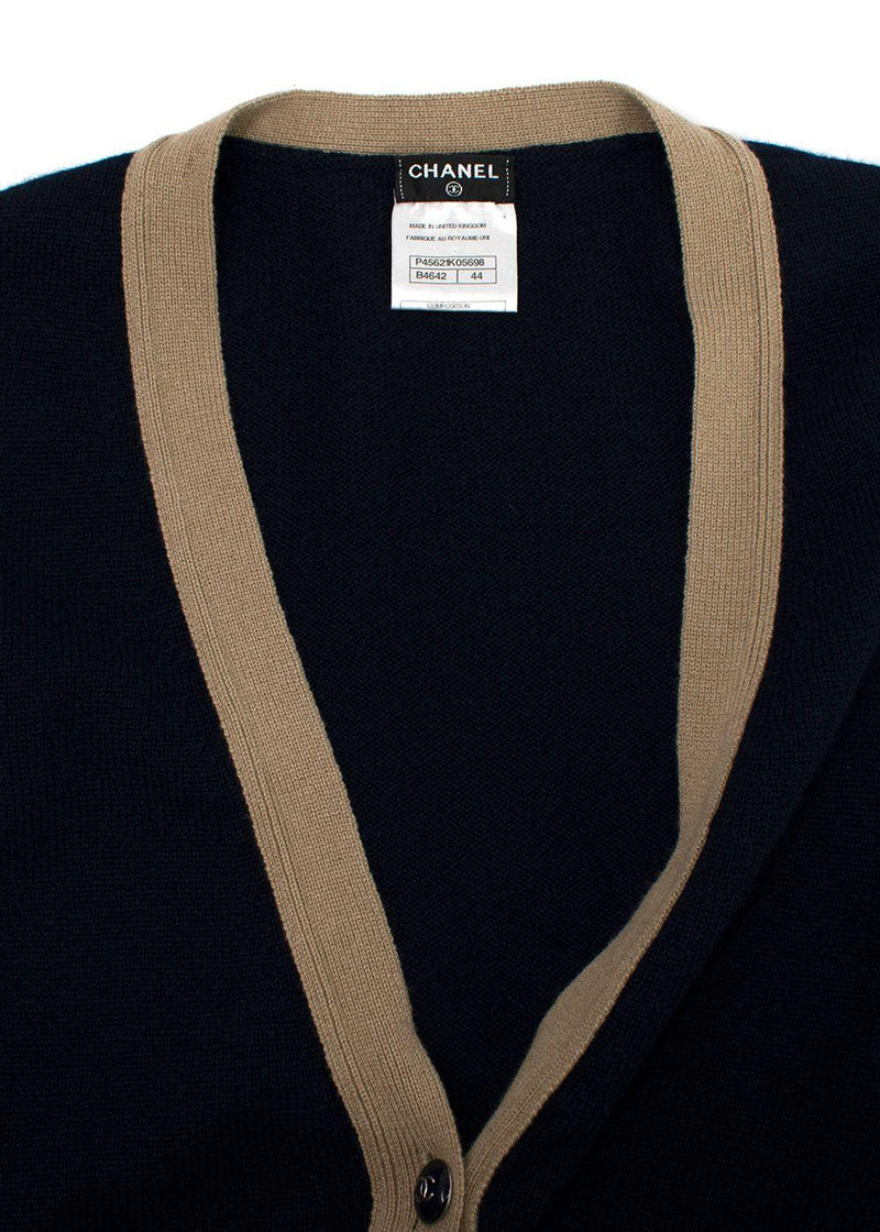 Chanel Contrast Trim Navy Cashmere Longline Cardigan