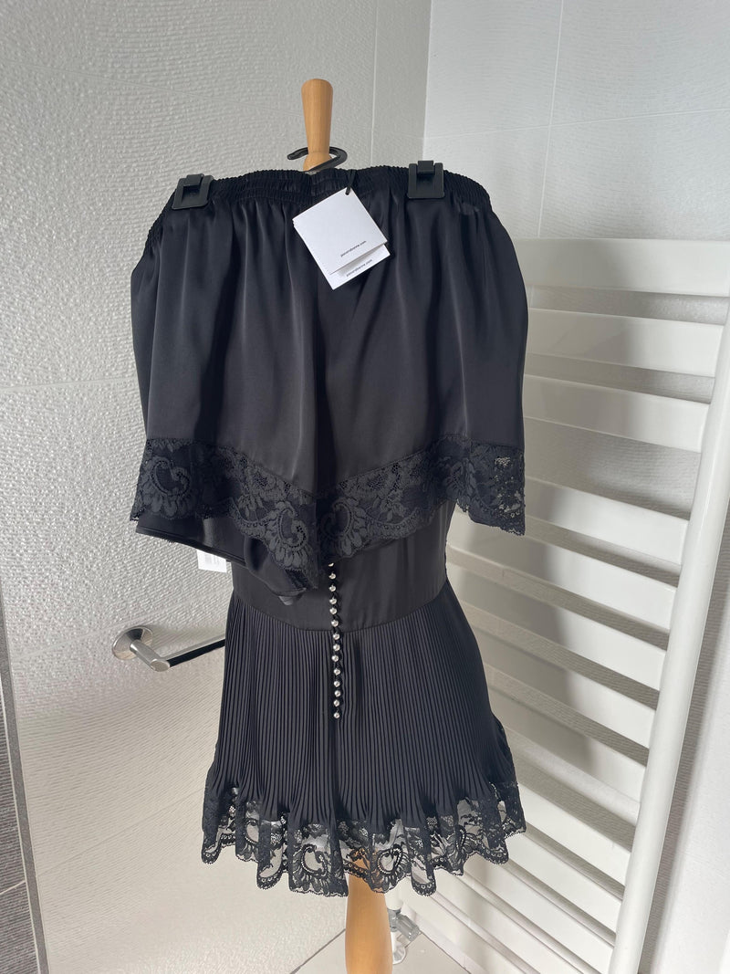 Plisse Black Crepe de Chine Lace Trimmed Top & Shorts Set