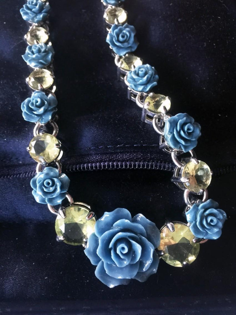 Prada Blue & Silver Floral Crystal Runway Necklace