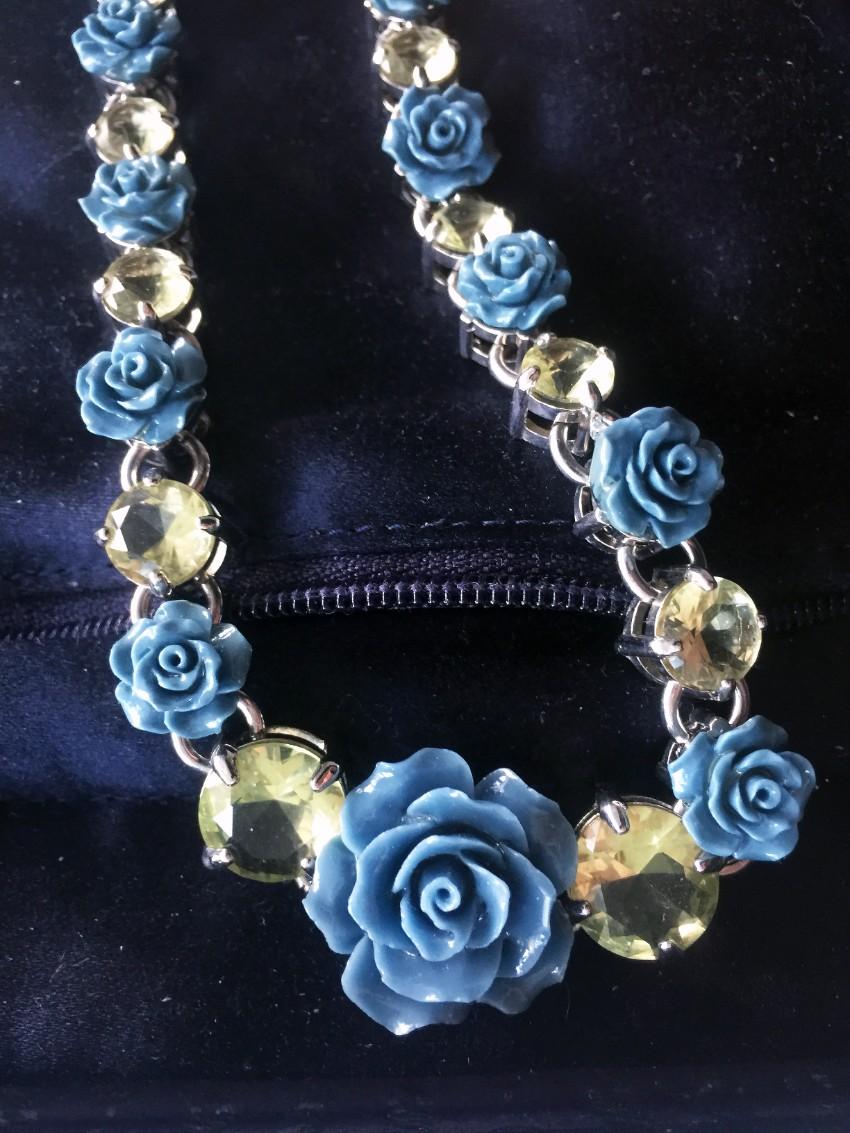 Prada Blue & Silver Floral Crystal Runway Necklace