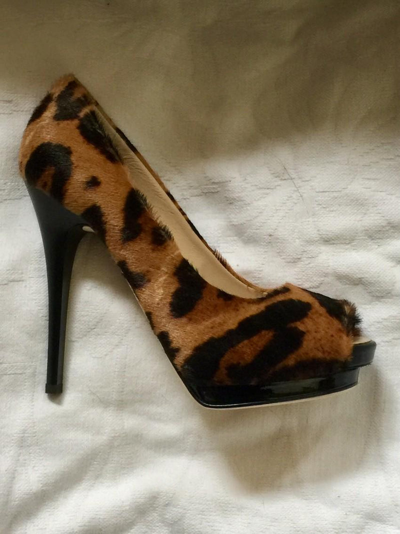 Giuseppe Zanotti Pony Hair Leopard Print Peep Toe Pumps