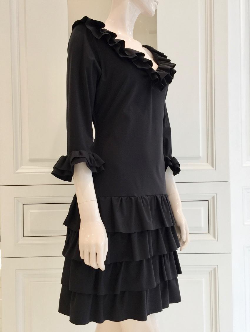 Bespoke French Couture Black Lycra Frill Dress