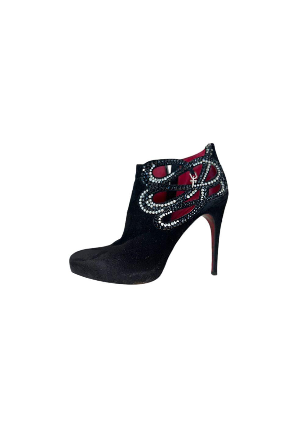 Crystal Embellished Suede Cut-Out Ankle Boots