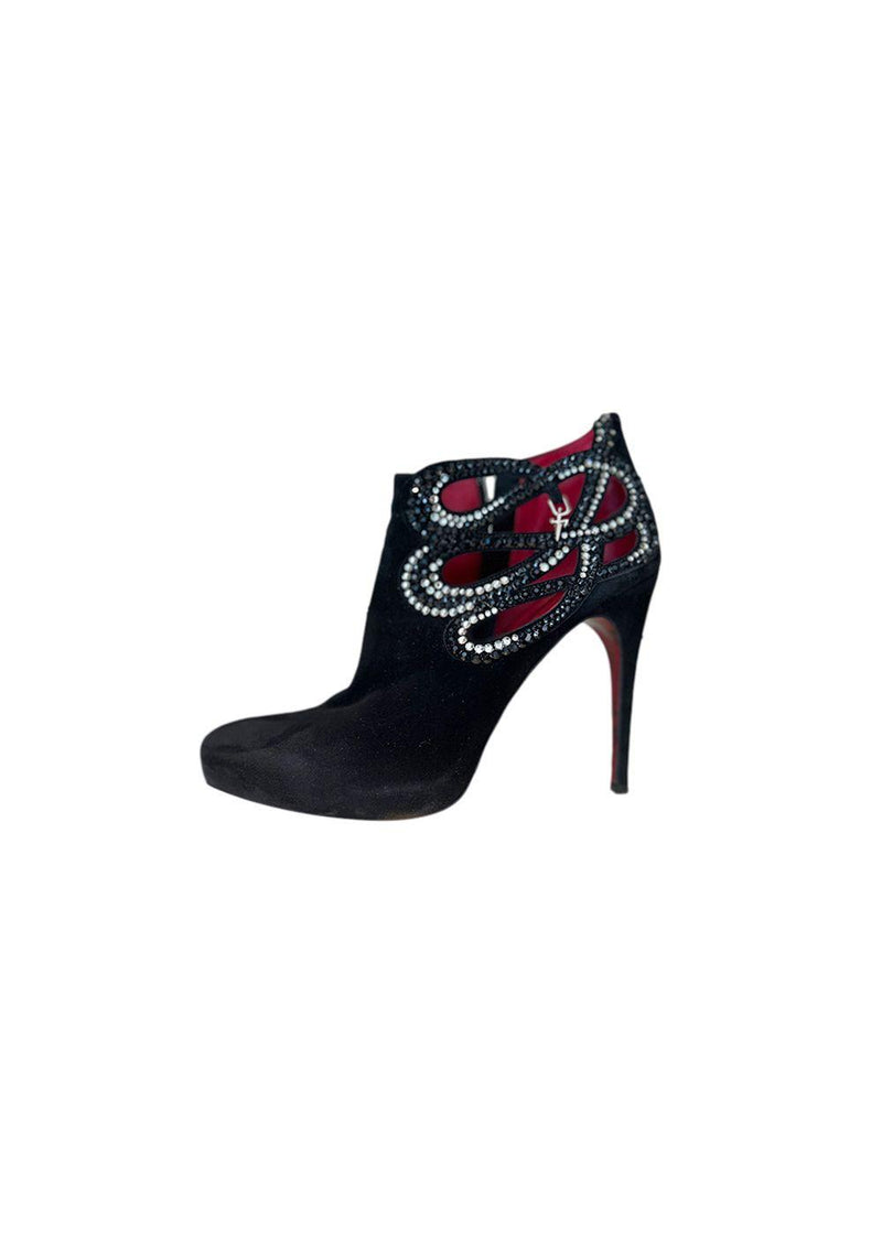 Crystal Embellished Suede Cut-Out Ankle Boots