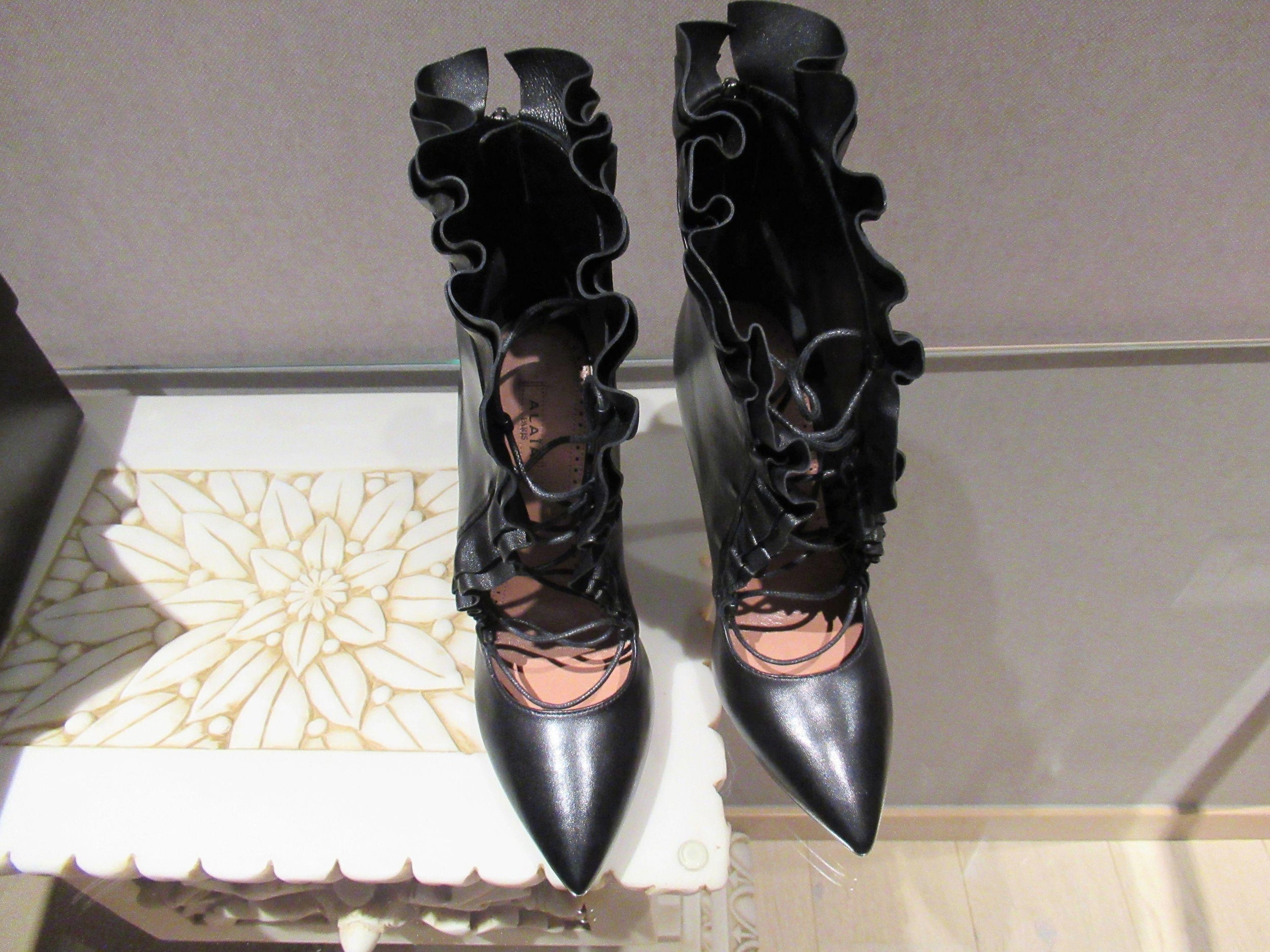 Leather Ruffled Lace Up Pointed Toe Boots