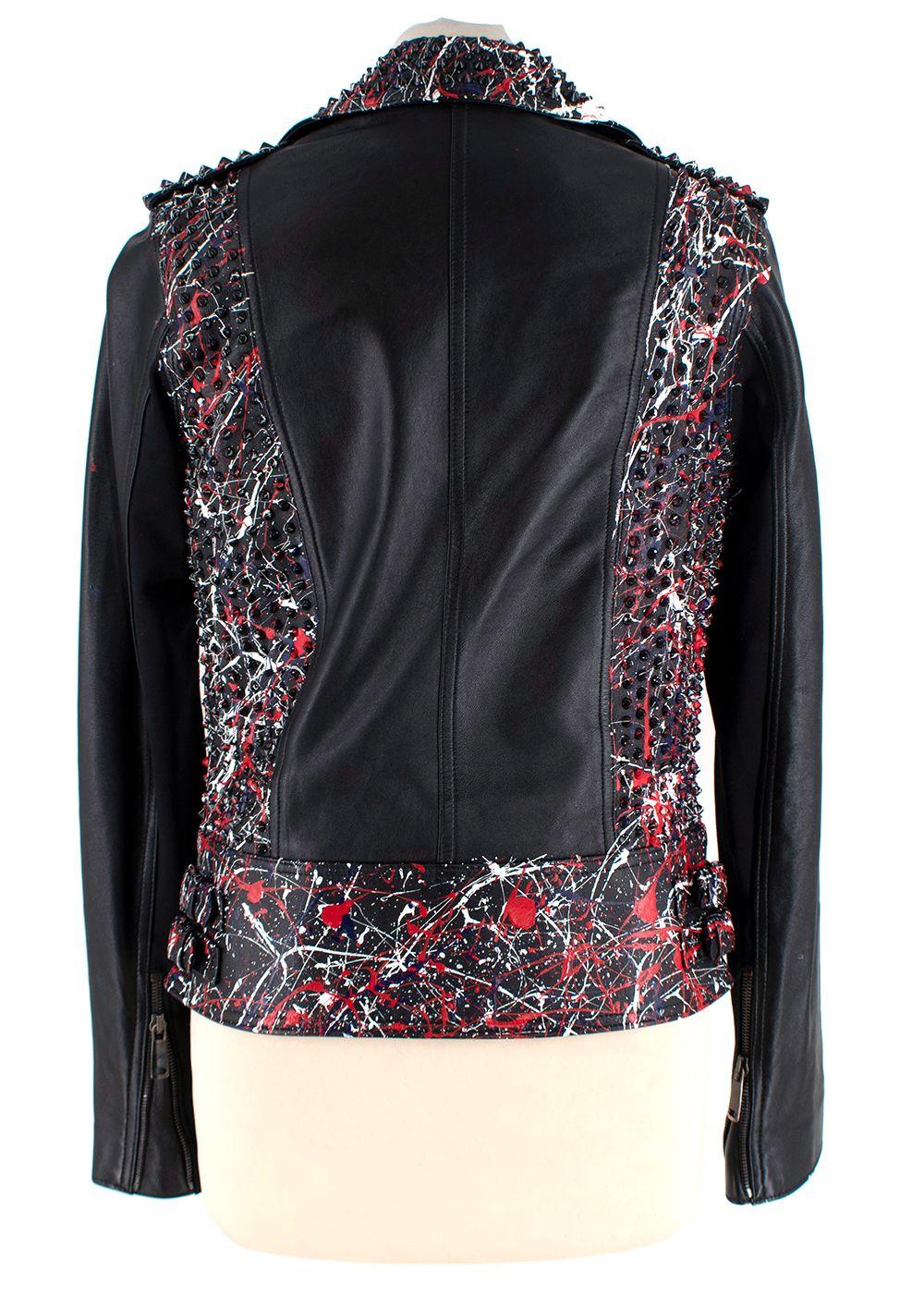 Black Leather Studded Jacket With Paint Splatter Effect