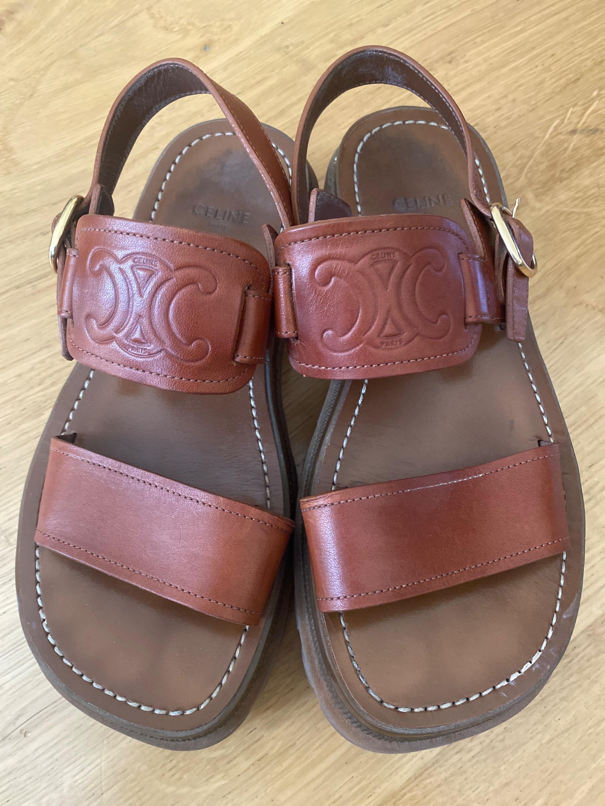 Sold Out Tan Leather Celine Logo Sandals