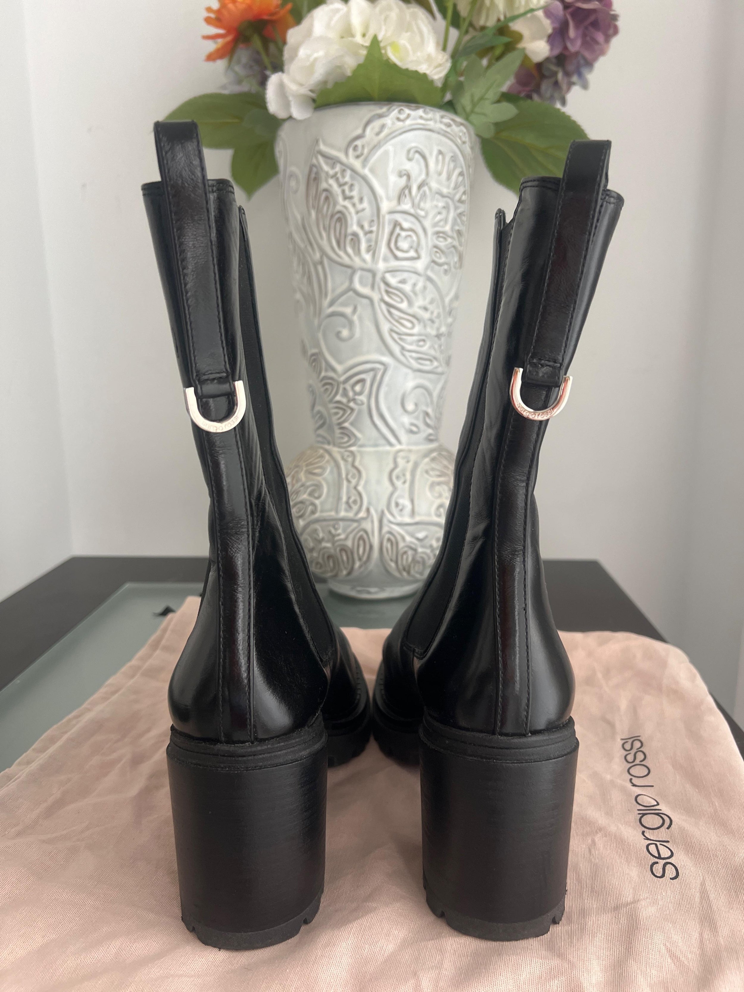 Sergio Rossi Black Round Toe Heeled Chelsea Boots