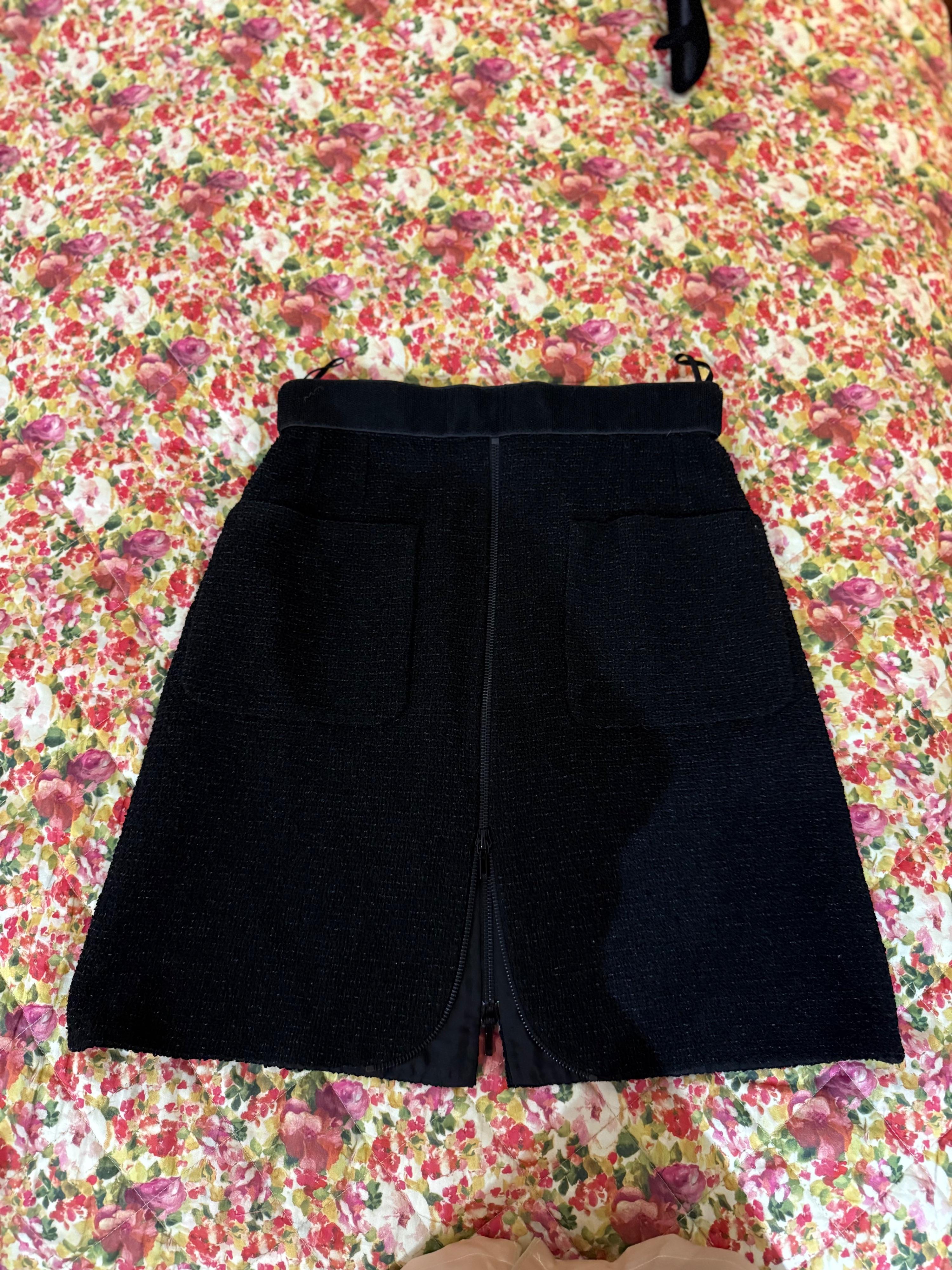 Black Tweed Zip Front Mini Skirt