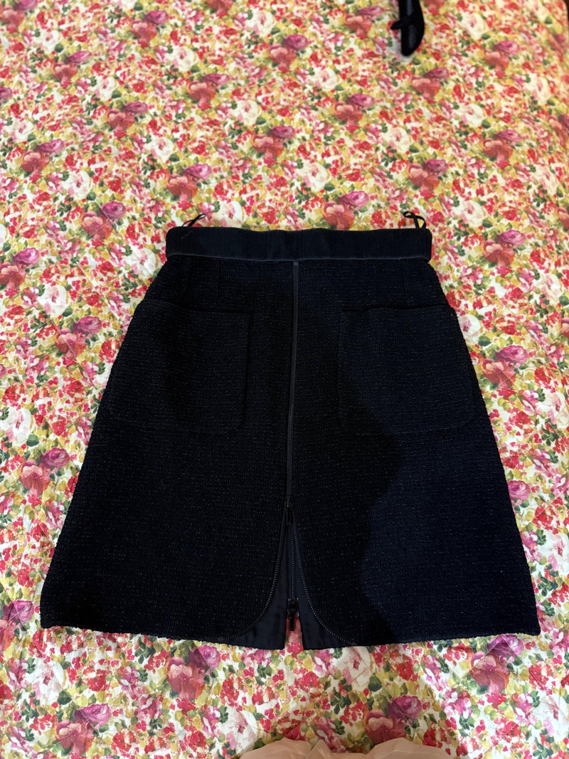 Black Tweed Zip Front Mini Skirt