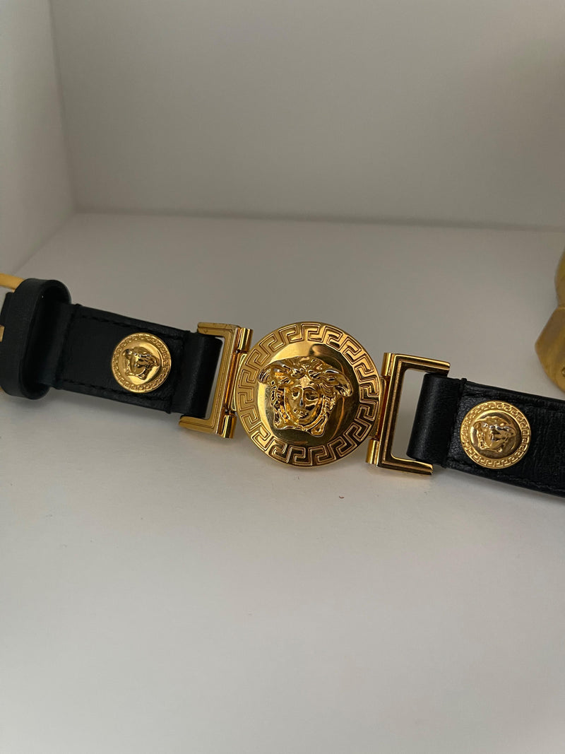 Black leather & gold-tone metal Medusa bracelet