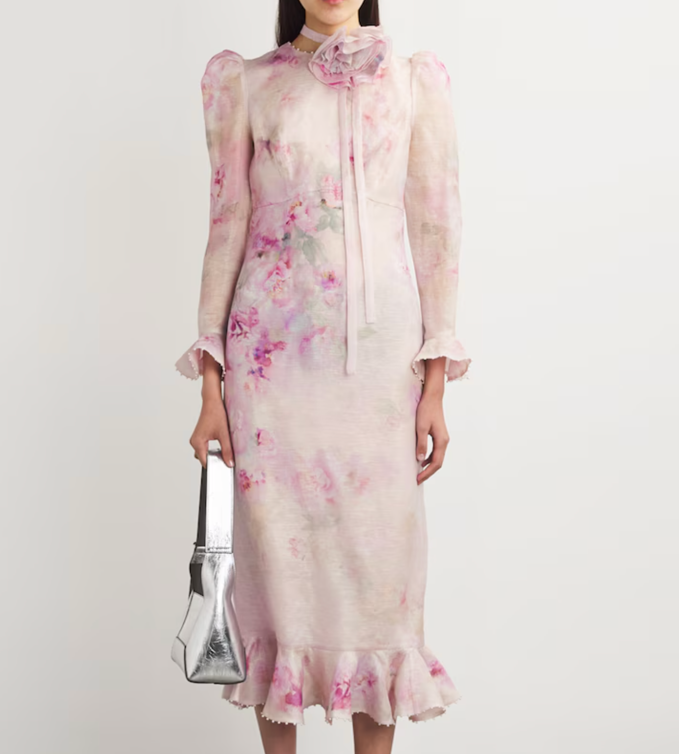 Zimmermann Linen-Silk Floral-Embellished Midi Dress