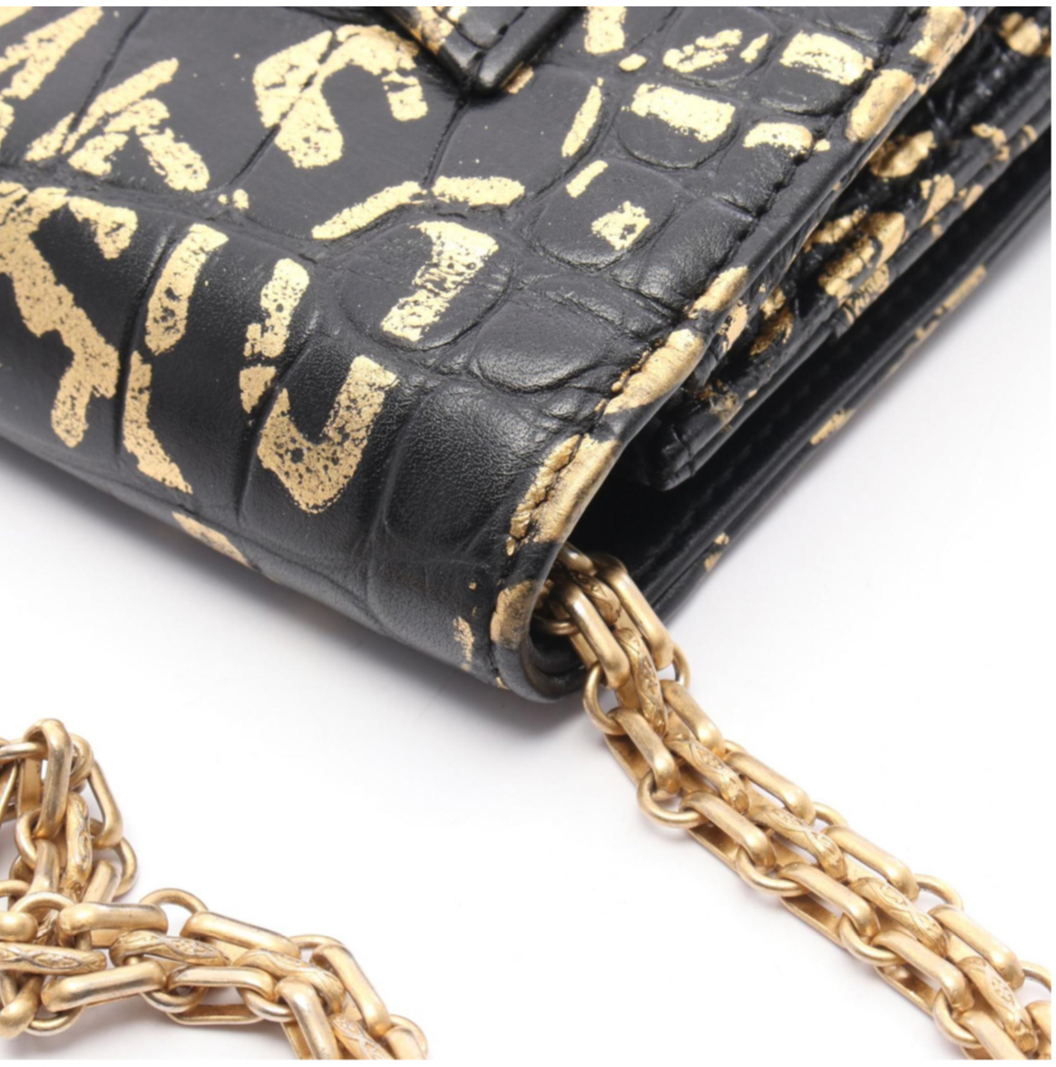 Chanel Pre-Fall 2019 Crocodile Embossed Calfskin Black and Gold Graffiti Bag with Gold Chain