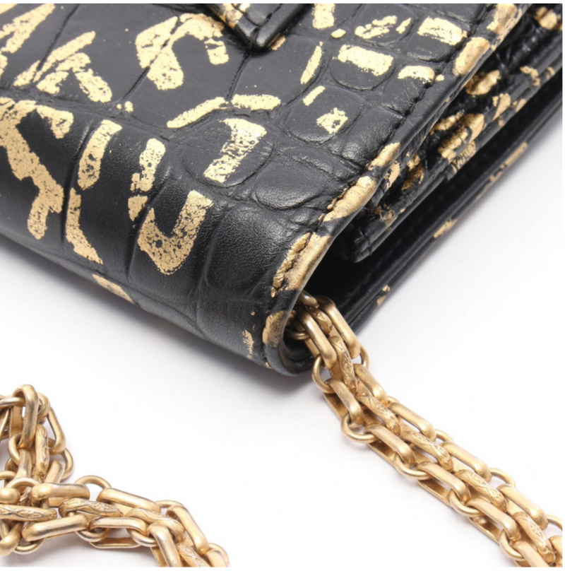 Chanel Pre-Fall 2019 Crocodile Embossed Calfskin Black and Gold Graffiti Bag with Gold Chain