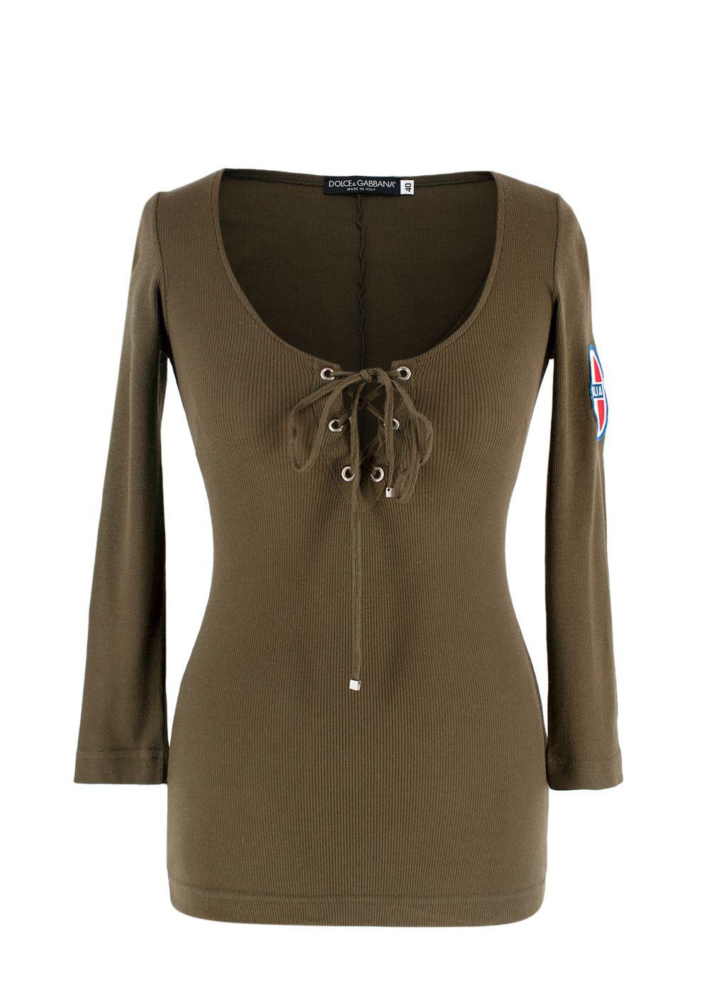 Dolce & Gabbana Khaki Ribbed Lace Up Detail Top