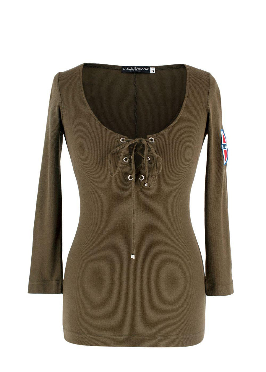 Dolce & Gabbana Khaki Ribbed Lace Up Detail Top