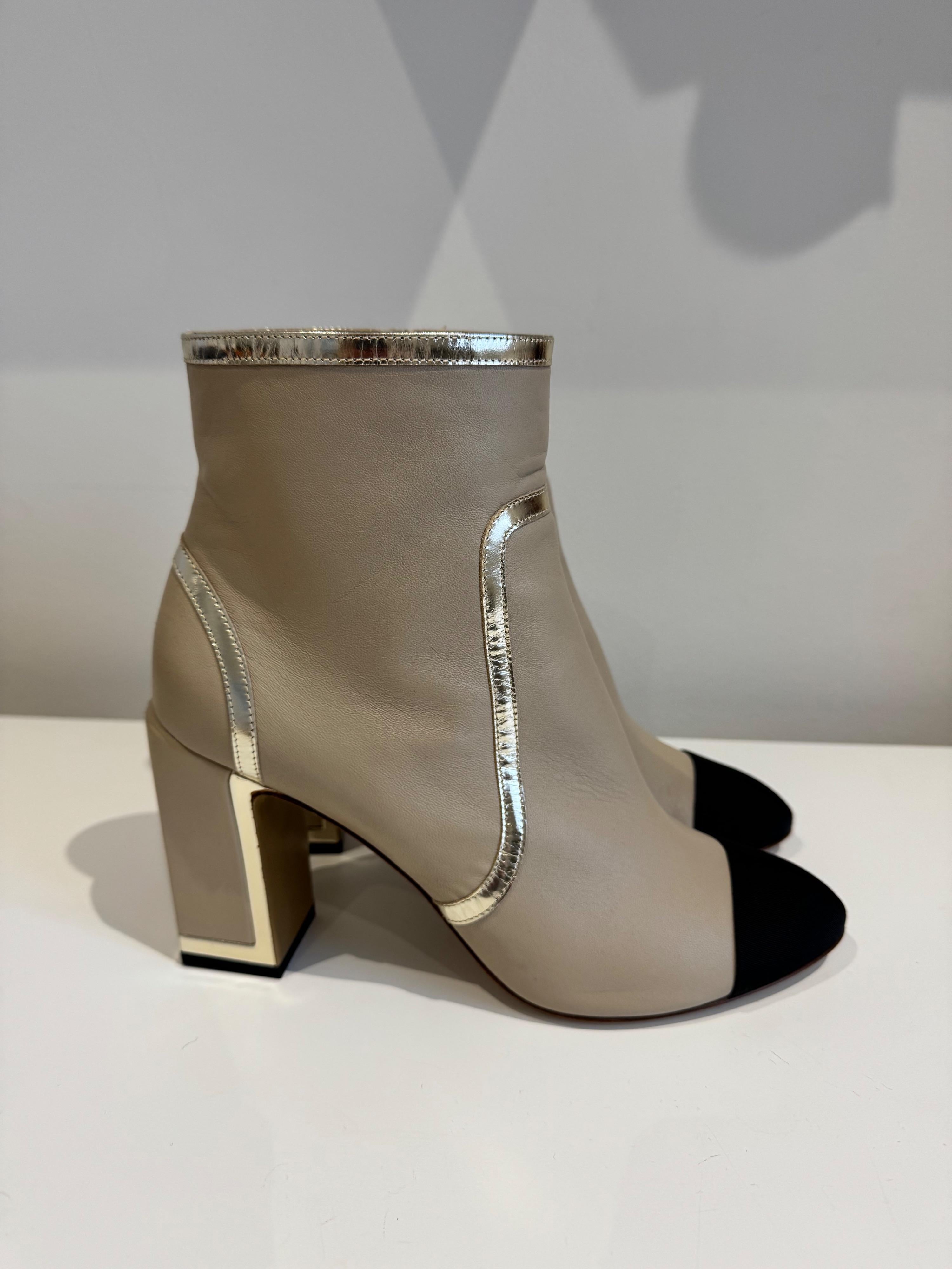 Beige Leather Heeled Boots with Silver Trim