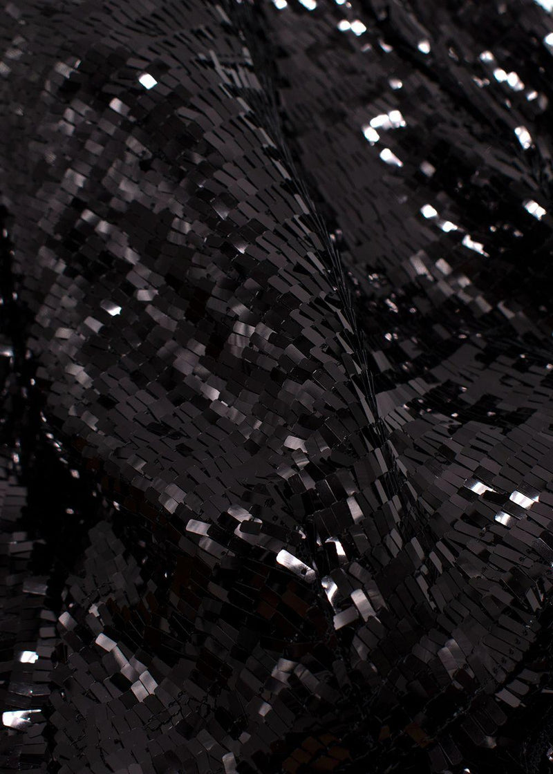 Taller Marmo Black Sequin Gown with Feather Trim