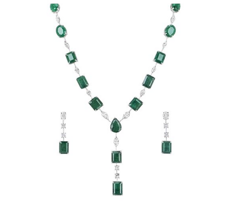 18ct white gold, diamond & emerald jewellery suite