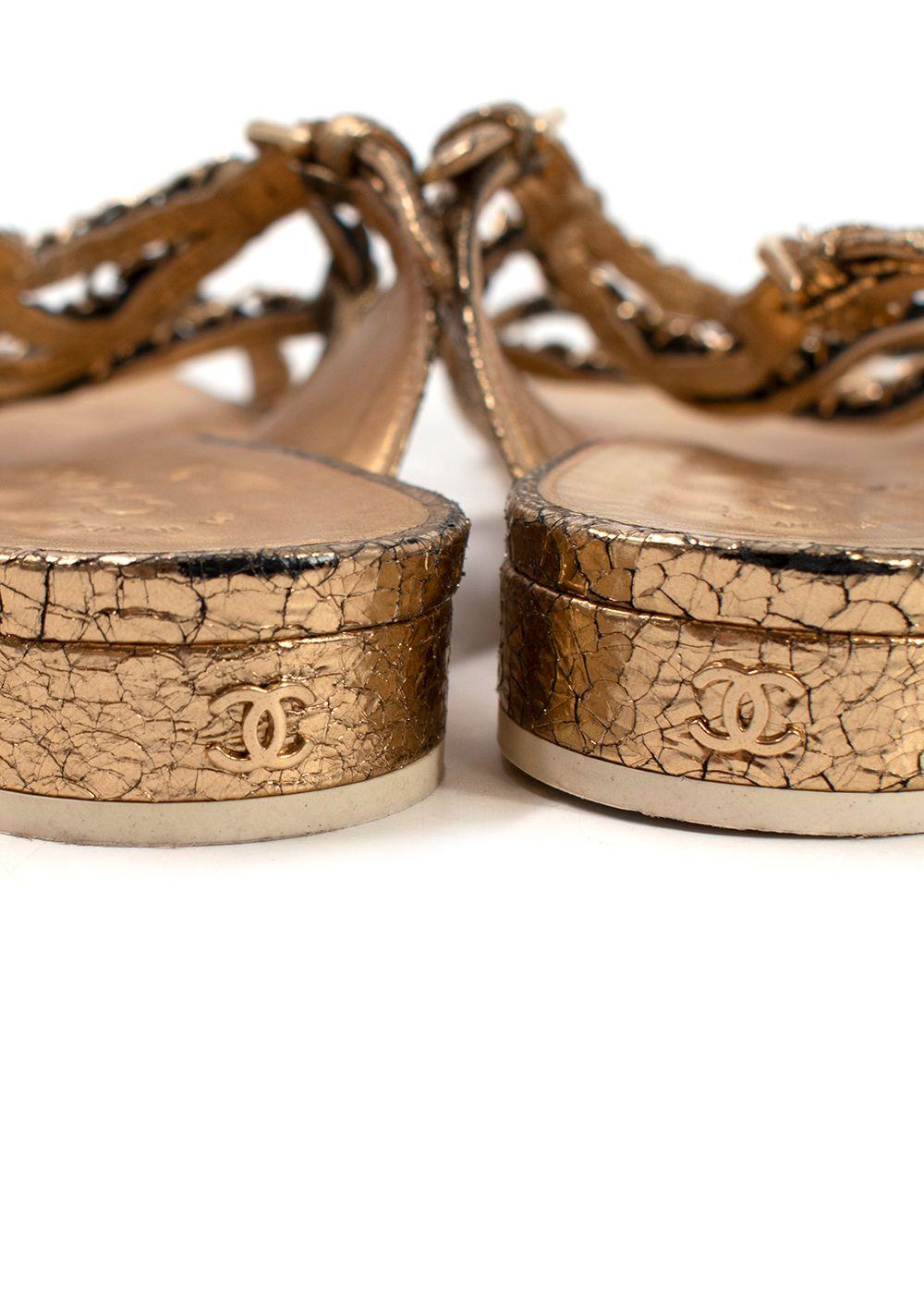 Chanel Metallic Gold Leather Chain Detail Sandals