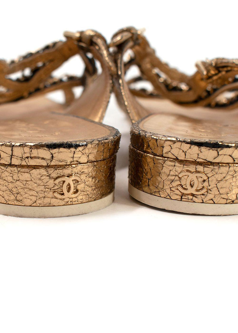 Chanel Metallic Gold Leather Chain Detail Sandals