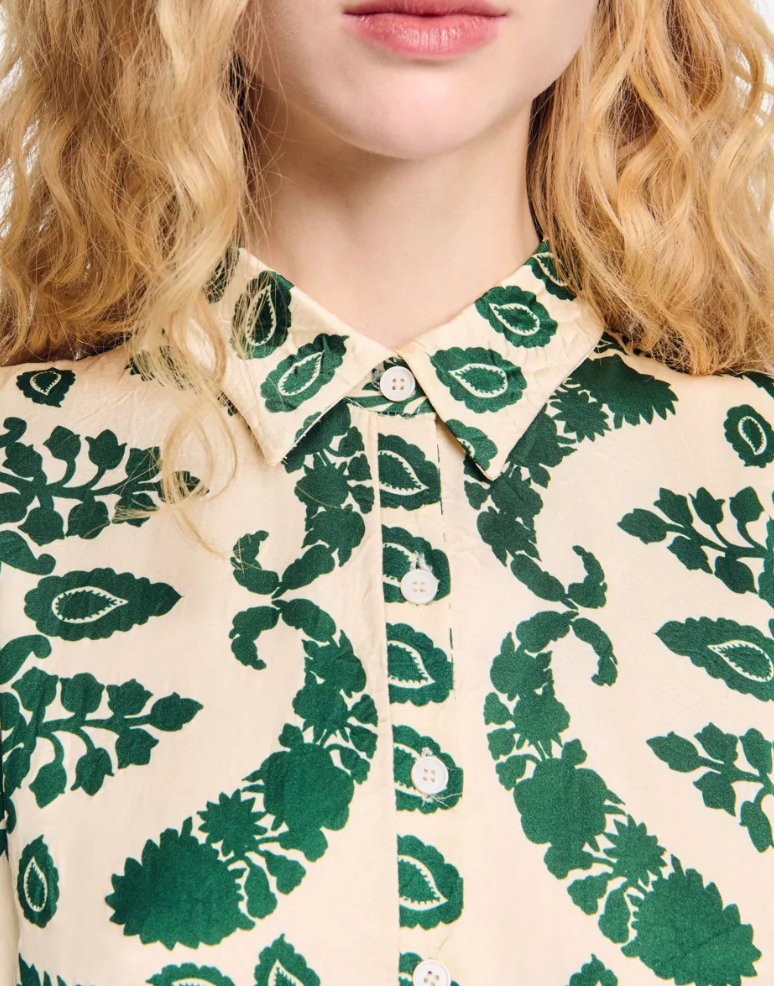 Sandro Floral-Print Collared Satin Midi Dress