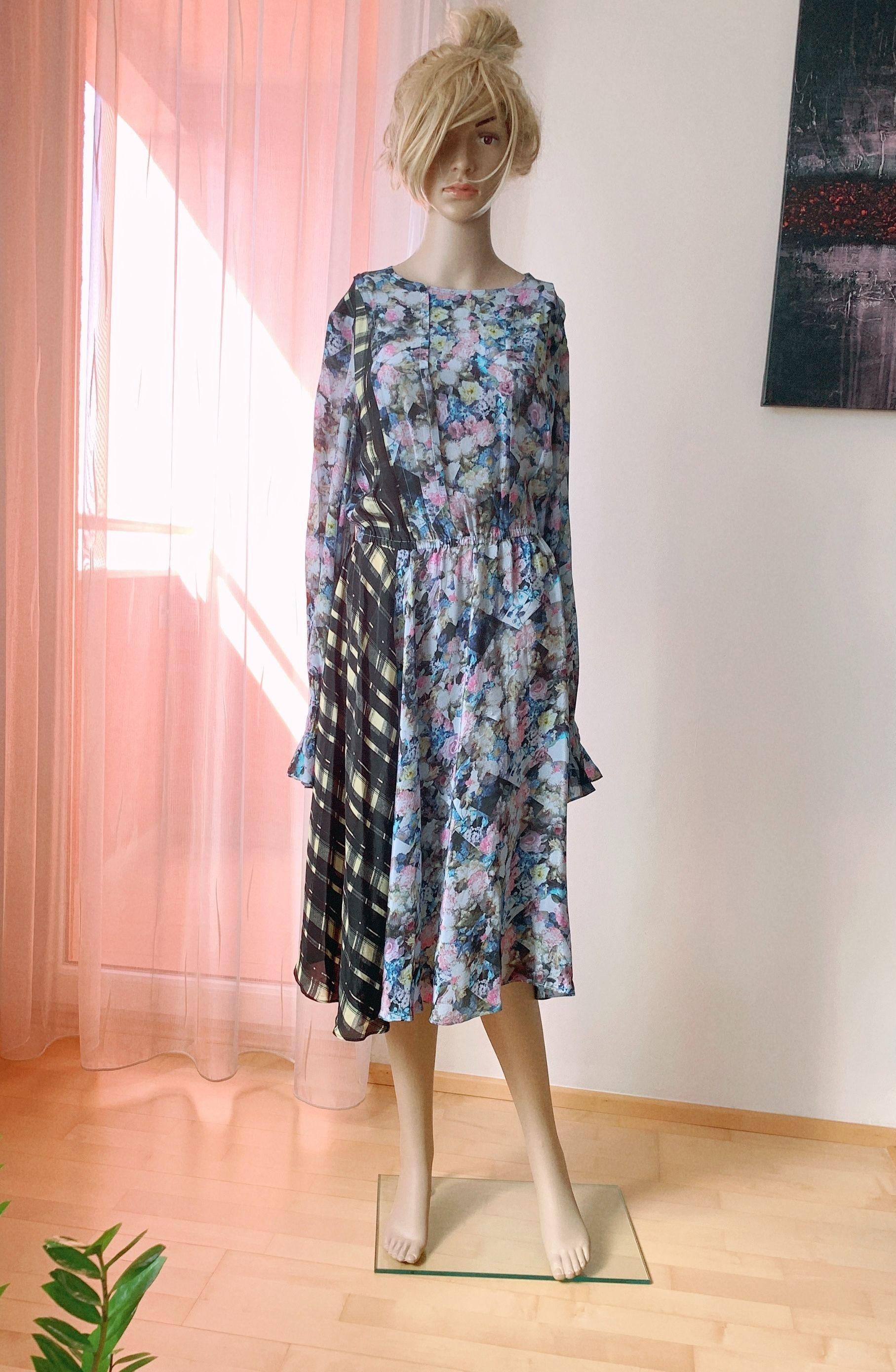 Line Abstract Floral & Checkered Print Kara Dress