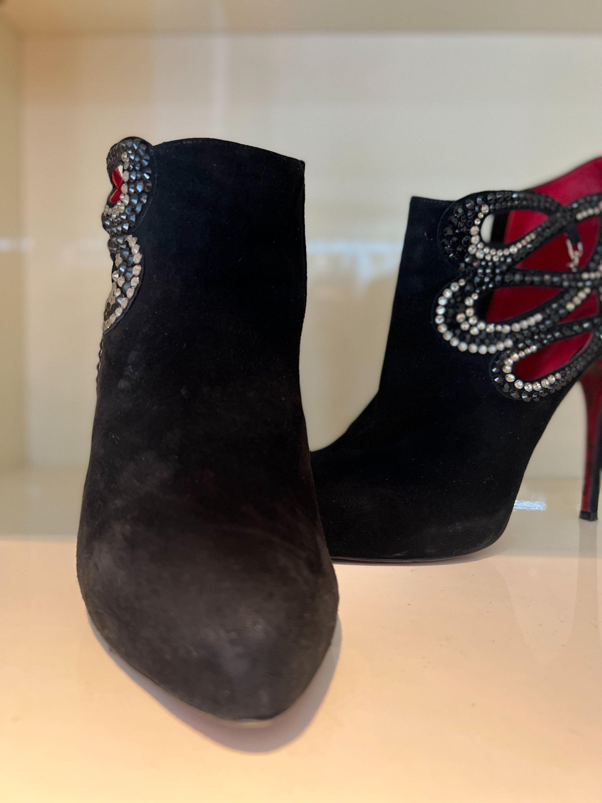 Crystal Embellished Suede Cut-Out Ankle Boots