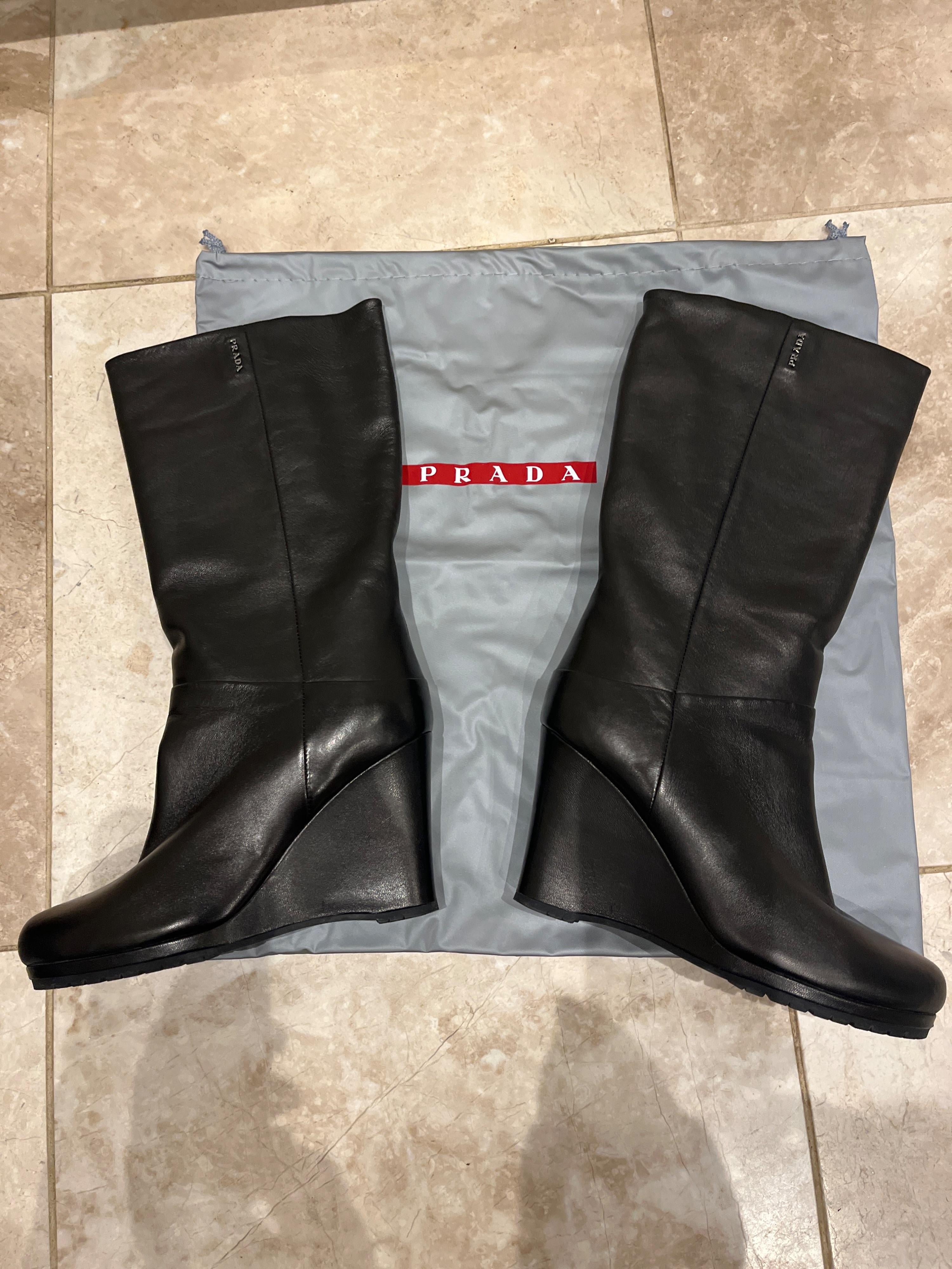 Prada Black Leather Eddy Wedge Boots