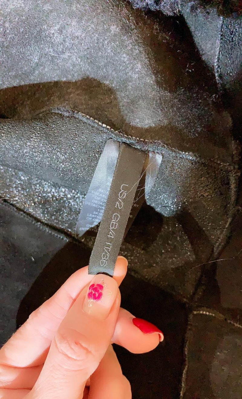 Donna Karan Leather Trimmed Patchwork Shearling Coat
