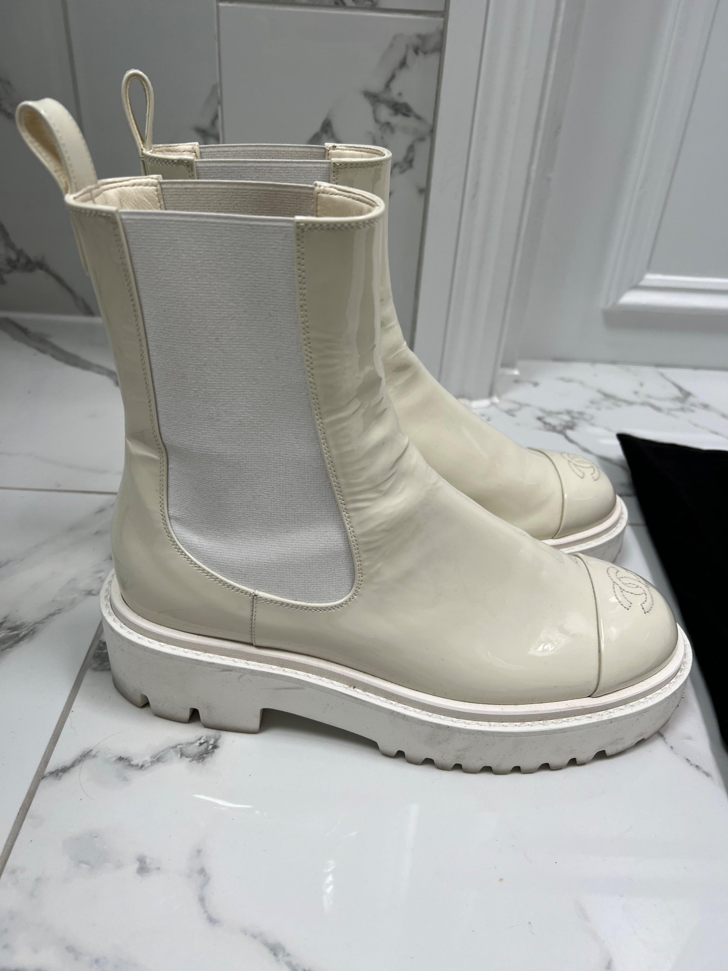 White Patent Leather CC Chunky Boots