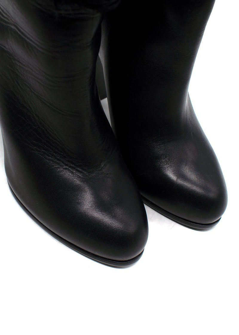 Dior Black Knee High Leather Boots with Fur Detail