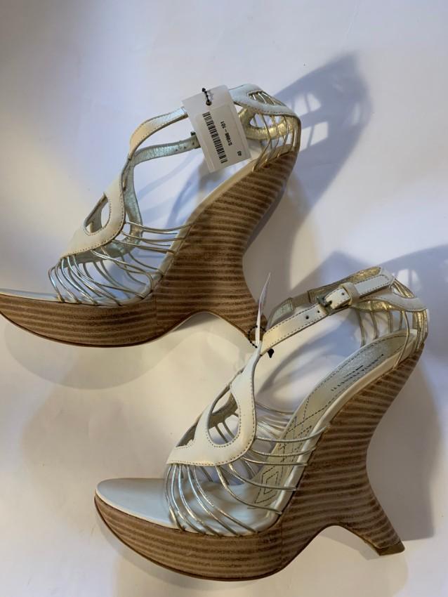 Alberta Ferretti Ivory Corded Leather Curved Wedge Sandals